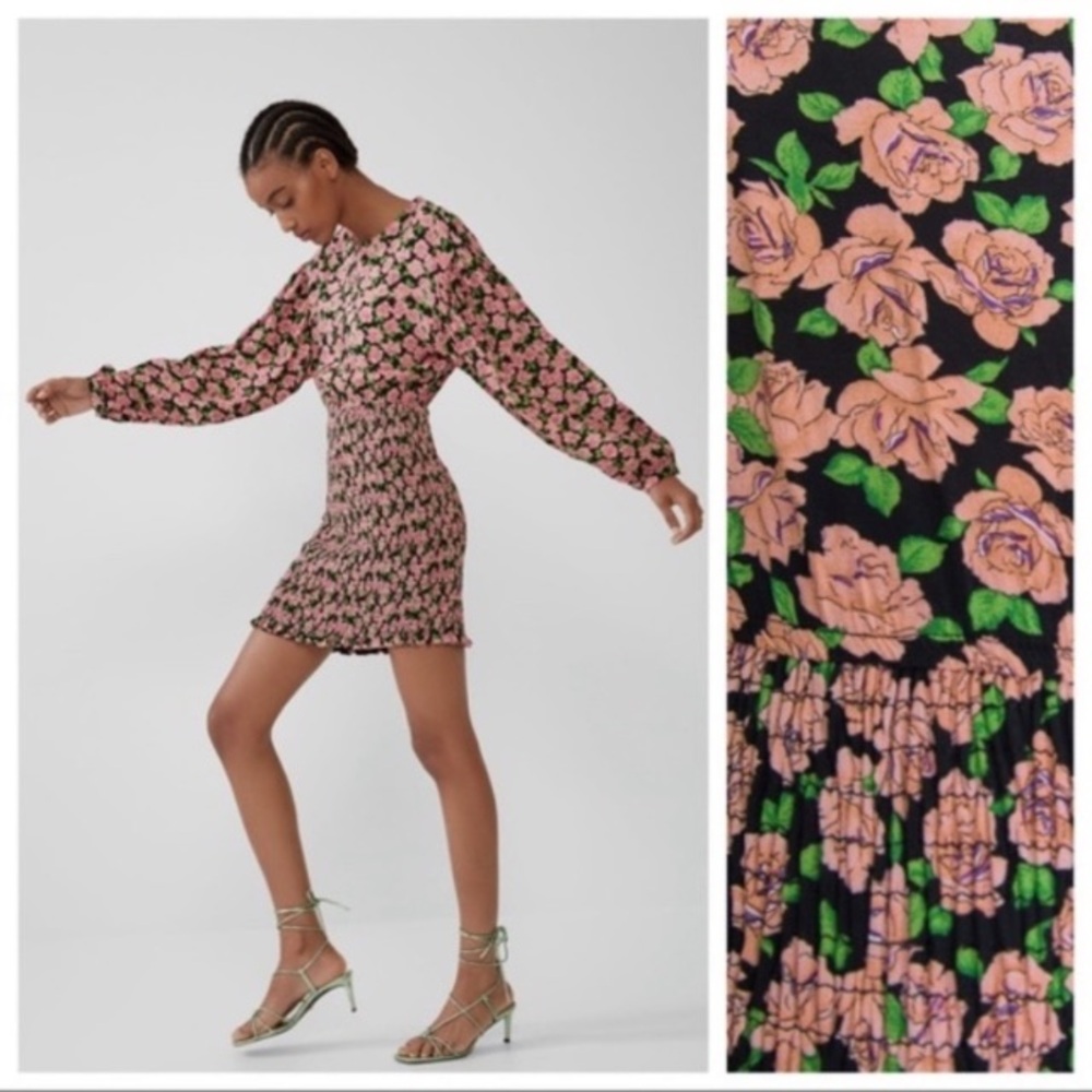 Zara Elastic Print Mini Dress with a pink and green floral pattern - Picture 6 of 7